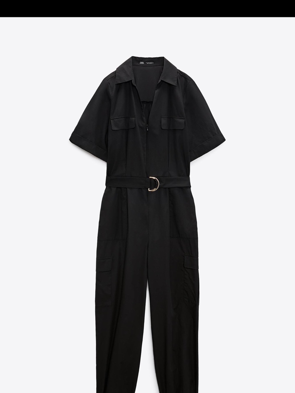 Zara Black Short-Sleeve Belted Utility Jumpsuit